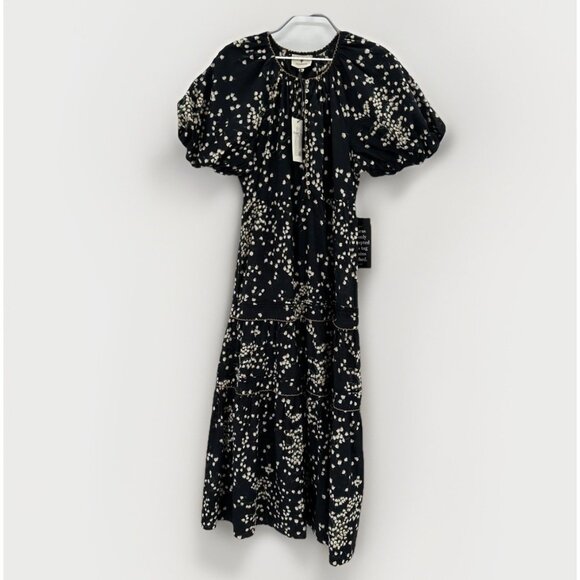 Tuckernuck Black Tossed Floral Mimi Midi Dress XS 100% Cotton A-Line Puff Sleeve - Picture 2 of 11
